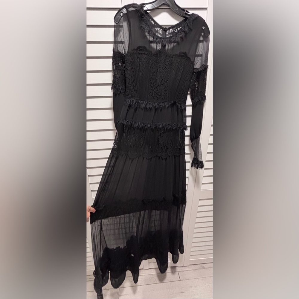 For Love & Lemons Bohemian Long Sleeve Sheer with Lace Maxi Dress Size Small - Picture 4 of 9